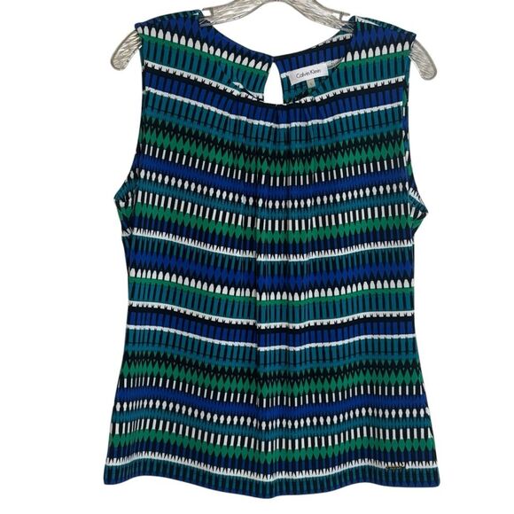 Calvin Klein Women's Blue and Green Patterned Top - Picture 1 of 8